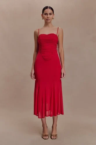 Willa Gathered Mesh Midi Dress – Ruby