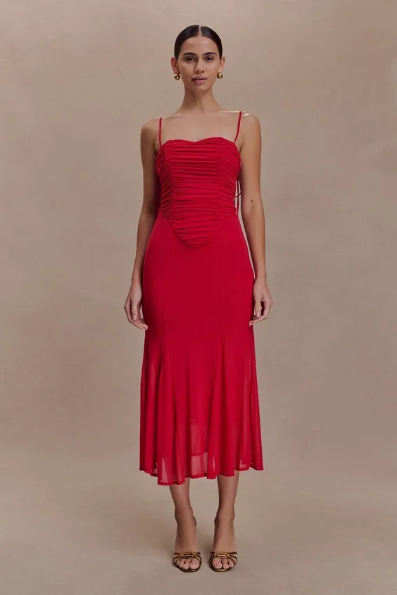 Willa Gathered Mesh Midi Dress – Ruby Willa Gathered Mesh Midi Dress – Ruby