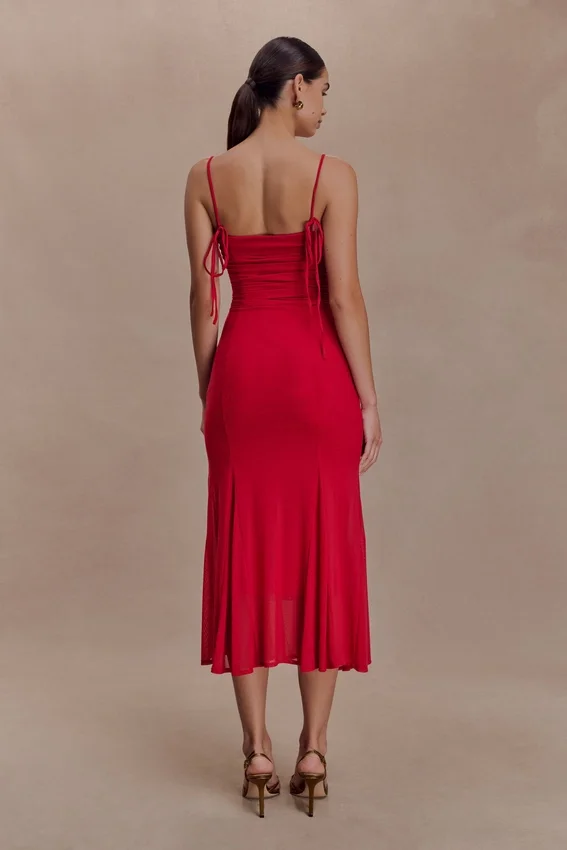 Willa Gathered Mesh Midi Dress – Ruby Willa Gathered Mesh Midi Dress – Ruby