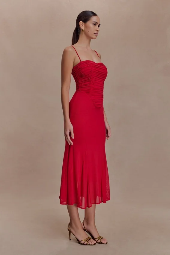 Willa Gathered Mesh Midi Dress – Ruby Willa Gathered Mesh Midi Dress – Ruby