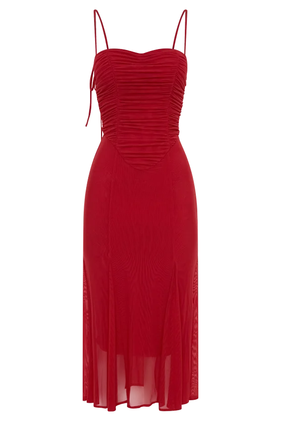 Willa Gathered Mesh Midi Dress – Ruby Willa Gathered Mesh Midi Dress – Ruby