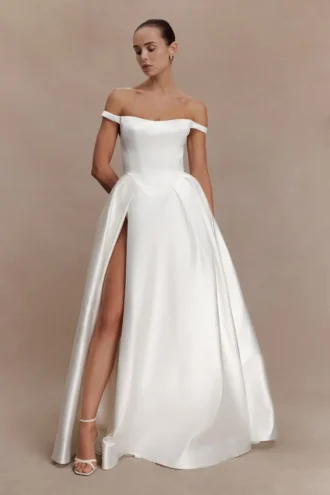 Willow Off Shoulder Satin Maxi Gown – White