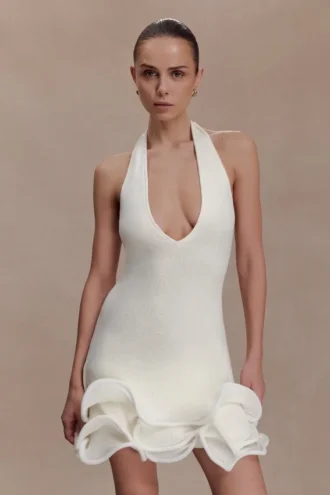 Willowmena Halter Neckline Mini Dress With Tubed Hem – White