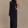 Wisteria Slinky Maxi Dress With Scarf – Black Wisteria Slinky Maxi Dress With Scarf – Black