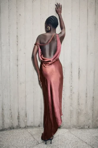 Yvette Slip Maxi Dress With Asymmetrical Hem – Brown Cherry