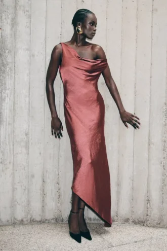 Yvette Slip Maxi Dress With Asymmetrical Hem – Brown Cherry