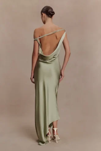 Yvette Slip Maxi Dress With Asymmetrical Hem – Sage