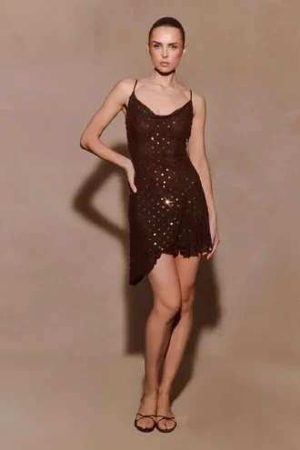Zahra Diamante Cowl Mini Dress – Chocolate