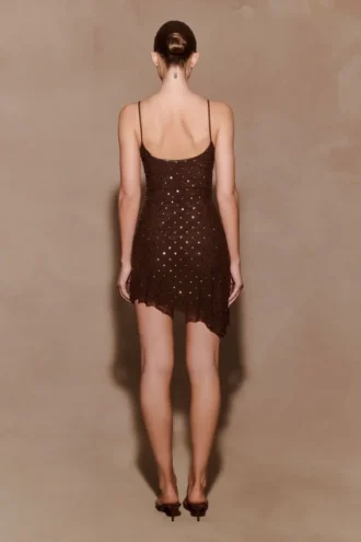Zahra Diamante Cowl Mini Dress – Chocolate