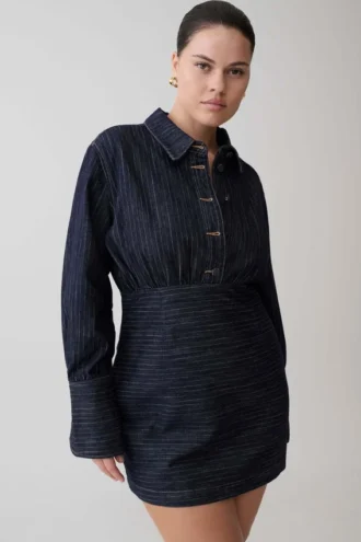 Zarah Denim Long Sleeve Mini Dress – Indigo Pinstripe