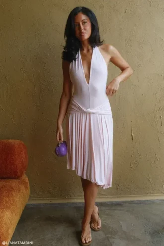 Zelda Asymmetric Slinky Midi Dress – Ballet Pink