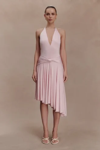 Zelda Asymmetric Slinky Midi Dress – Ballet Pink